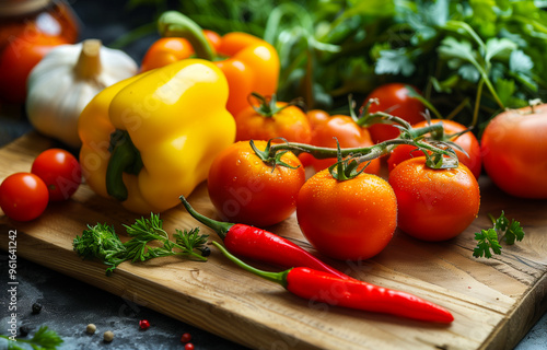 Various fresh vegetables on a wooden board in the kitchen