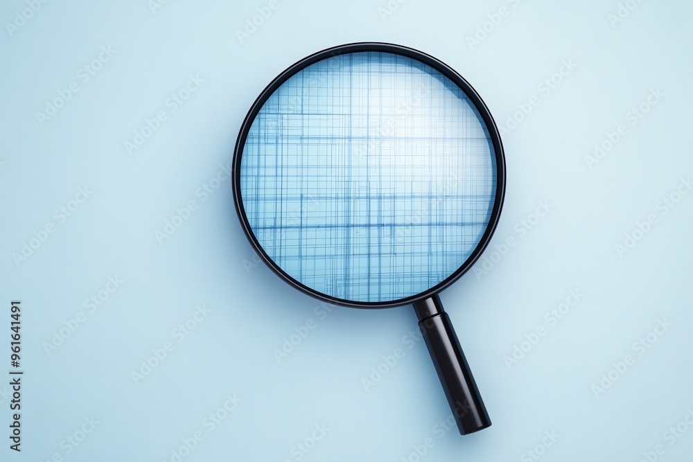 A black magnifying glass resting on a light blue background, showcasing a checked pattern through the lens for an analytical feel. A black magnifying glass resting on a light blue background, showcasing a checked pattern through the lens for an analytical feel.