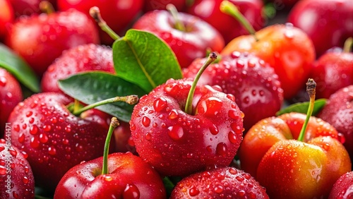Close-up of freshly picked acerola cherries with water droplets, showing their bright red color and smooth texture. This image captures the freshness, highlighting the cherries' abundance of vitamin C