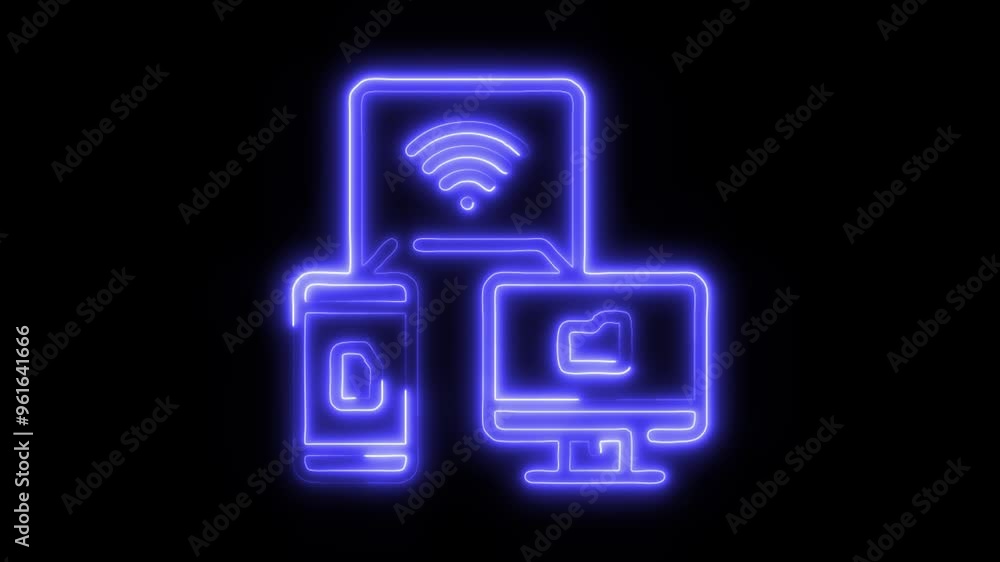 Neon Wireless Connectivity Icon Video HD - Glowing Network Connection Symbol for Devices with Smartphone and Computer on Black Background Animated Design Neon Wireless Connectivity Icon Video HD - Glowing Network Connection Symbol for Devices with Smartphone and Computer on Black Background Animated Design