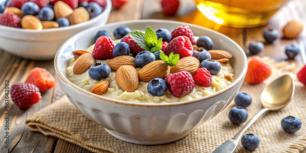 Bowl of oatmeal topped with almonds, berries, and honey, healthy brain-boosting breakfast, comforting meal Bowl of oatmeal topped with almonds, berries, and honey, healthy brain-boosting breakfast, comforting meal