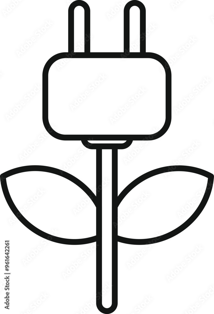 Minimalist line art icon of an electric plug growing from a plant stem, representing renewable energy and sustainability Minimalist line art icon of an electric plug growing from a plant stem, representing renewable energy and sustainability