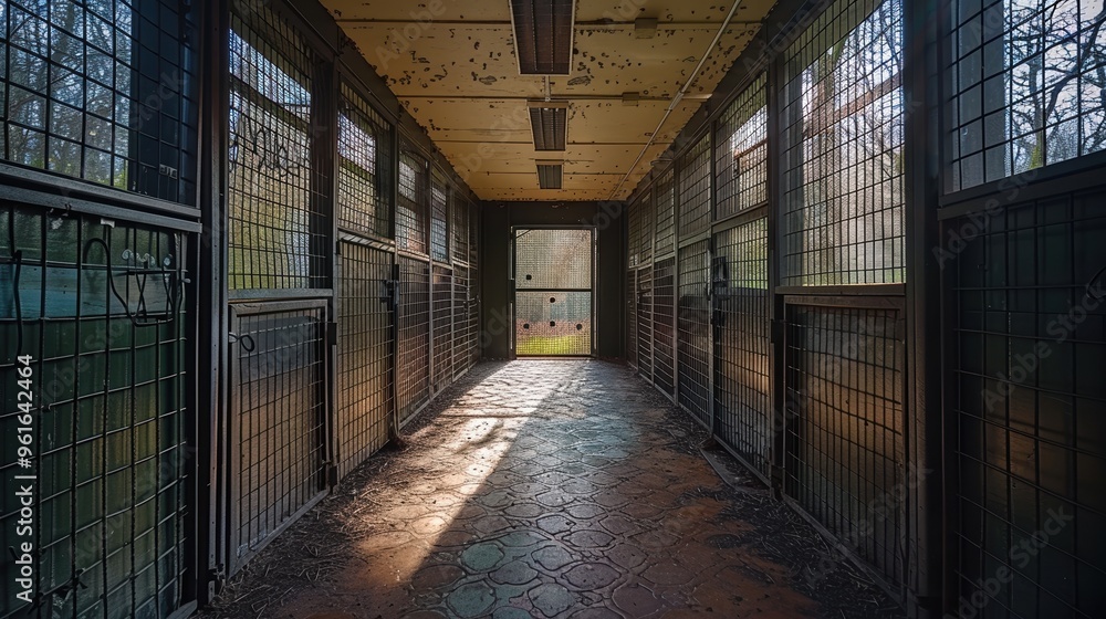 A dimly lit, aged corridor with metal cages on both sides, leading to an outdoor area, evokes a feeling of confinement and desolation in an abandoned facility A dimly lit, aged corridor with metal cages on both sides, leading to an outdoor area, evokes a feeling of confinement and desolation in an abandoned facility