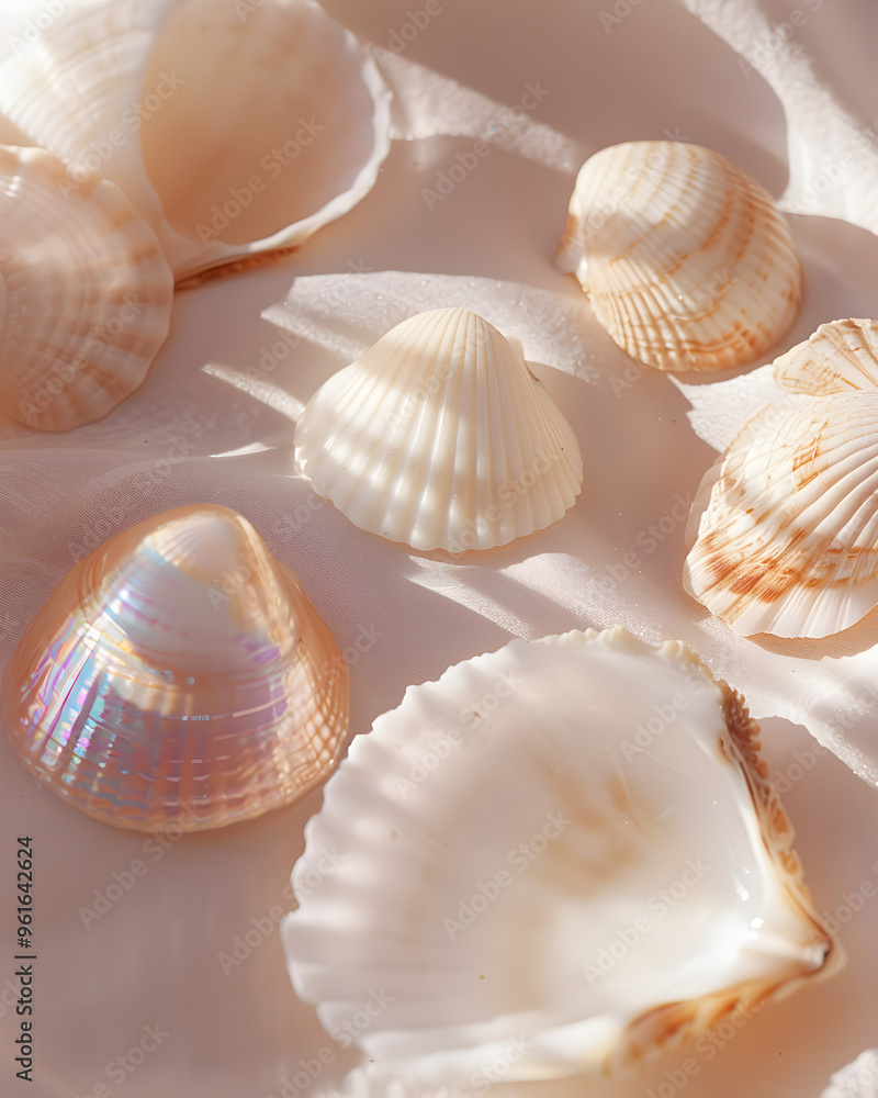 Pearly seashells in a minimalist arrangement, highlighting their textures and shine. Pearly seashells in a minimalist arrangement, highlighting their textures and shine.