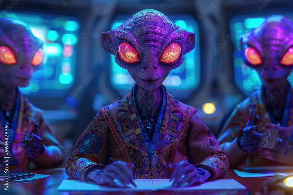 Fototapeta premium Diplomats engaged in crucial intergalactic negotiations in a futuristic setting