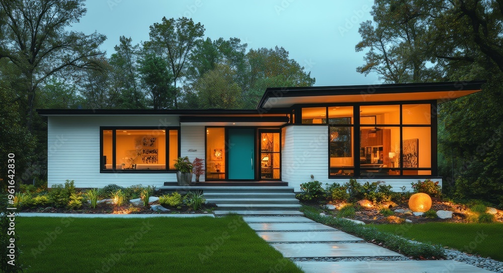 Fototapeta premium Modern House at Dusk with Glowing Windows