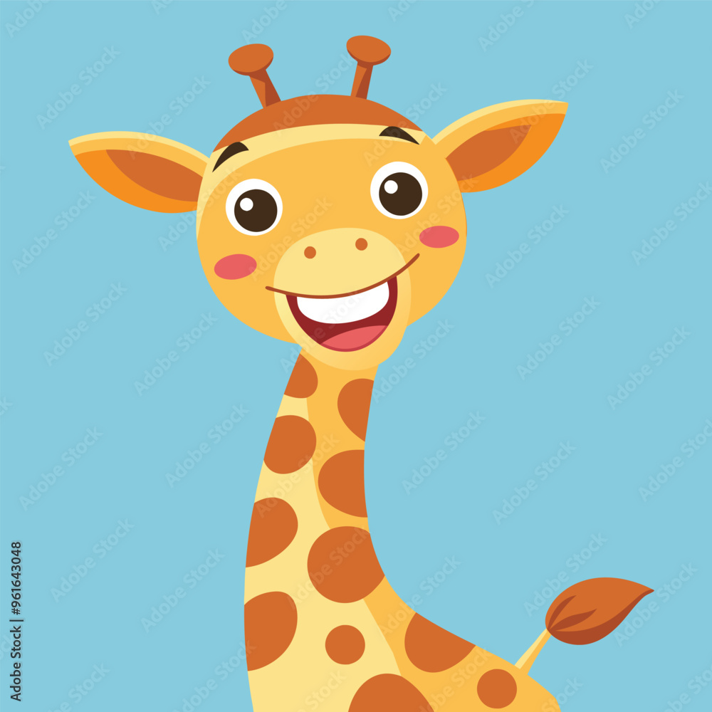 A cute, cheerful little giraffe smiles brightly on a blue background.vector illustrator. A cute, cheerful little giraffe smiles brightly on a blue background.vector illustrator.