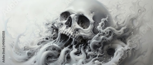  A painting of a skull with considerable smoke billowing from its mouth