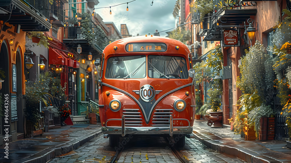 Obraz premium Vintage Bus on Cobblestone Street - 3D Illustration