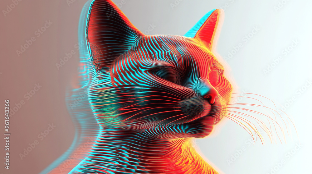 Stylized and vibrant cat portrait with a unique 3D effect, showcasing abstract lines and colors for an artistic touch. Stylized and vibrant cat portrait with a unique 3D effect, showcasing abstract lines and colors for an artistic touch.