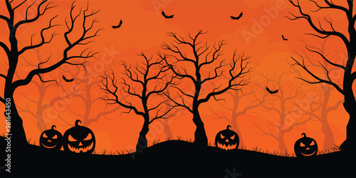 Halloween pumpkins in spooky forest at night