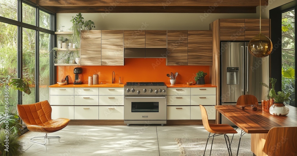 Fototapeta premium Modern Kitchen with Wood and Metal Elements, Glass Walls, Orange Cabinetry