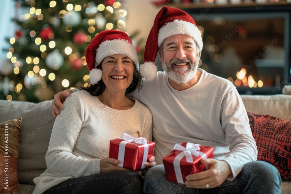 A man in white and his wife wearing hats sit on the sofa, holding gifts to give each other, against the backdrop tree decorations. A man in white and his wife wearing hats sit on the sofa, holding gifts to give each other, against the backdrop tree decorations.