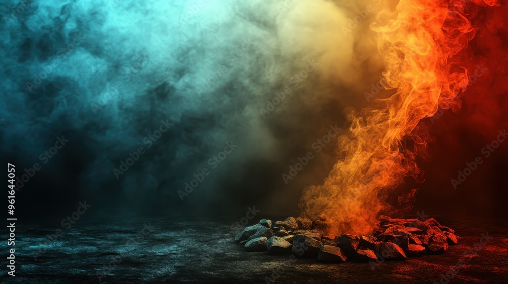 Burning rocks with fire and smoke rising in a vibrant setting with copy space for text Burning rocks with fire and smoke rising in a vibrant setting with copy space for text