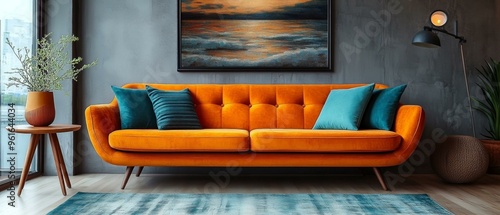Wallpaper Mural Modern Living Room with Orange Sofa and Coastal Wall Art Torontodigital.ca