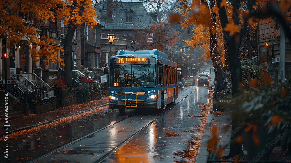 Obraz premium Bus on a Wet Street with Autumn Leaves - Photograph