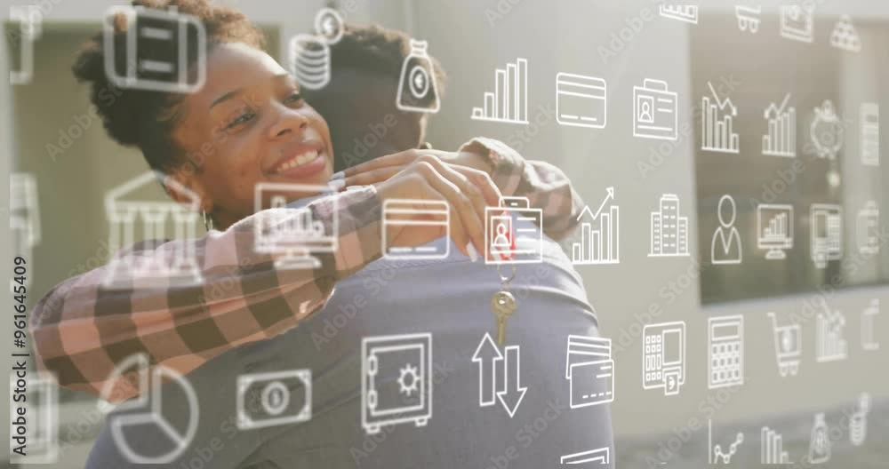 Hugging and smiling, two people with financial technology icons animation over them Hugging and smiling, two people with financial technology icons animation over them