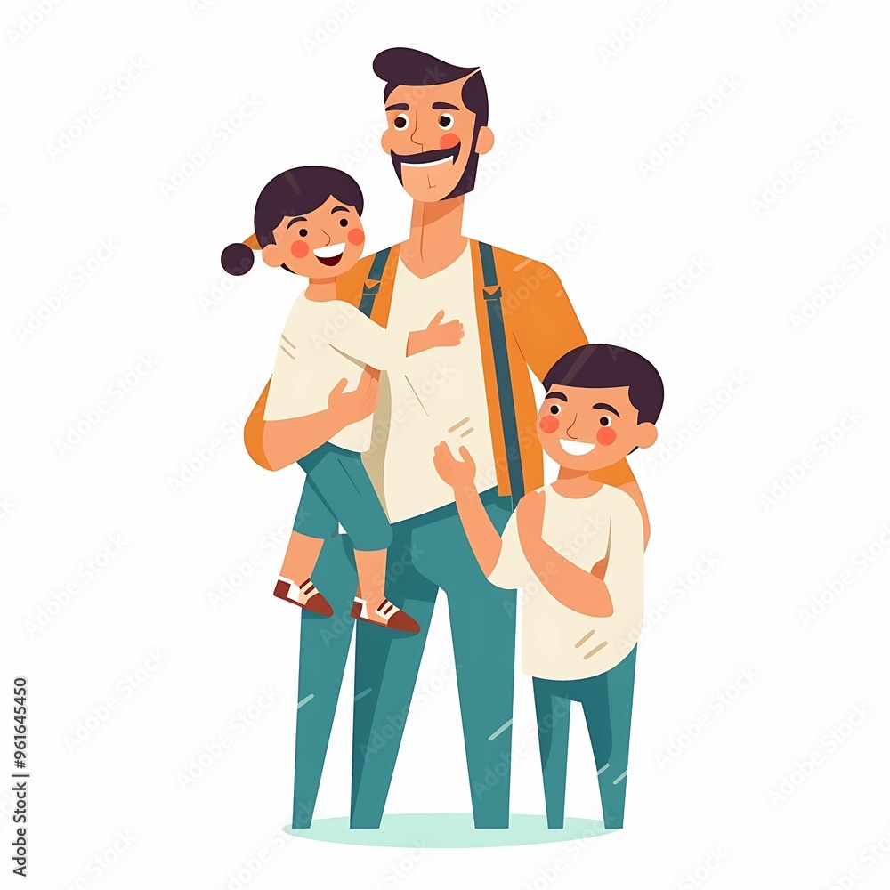 Father joyfully plays with his two children in a colorful, illustrated family scene Father joyfully plays with his two children in a colorful, illustrated family scene