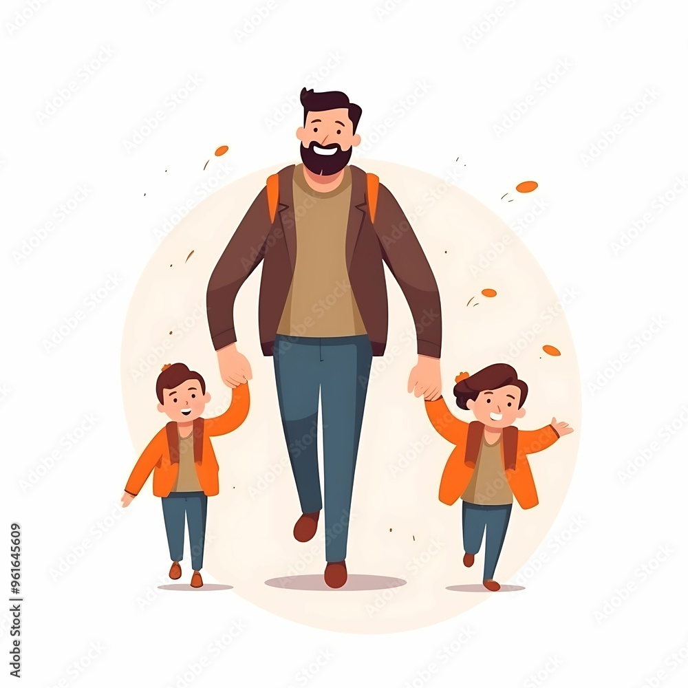 Father walking hand in hand with two children in autumn, enjoying a lively outdoor day Father walking hand in hand with two children in autumn, enjoying a lively outdoor day