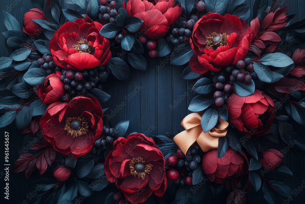 An elegant, dark floral wreath made of deep burgundy peonies and black leaves, with a soft golden ribbon, An elegant, dark floral wreath made of deep burgundy peonies and black leaves, with a soft golden ribbon,