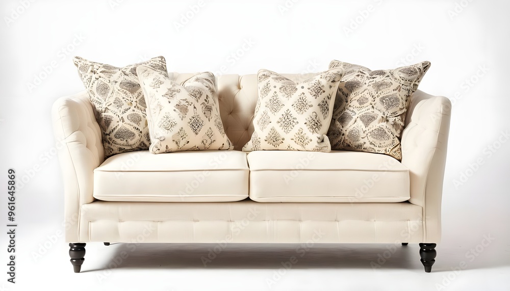 Fototapeta premium Compact Cream Loveseat with Decorative Throw Pillows – Cozy, Stylish Design for Modern Spaces, sofa isolated on white