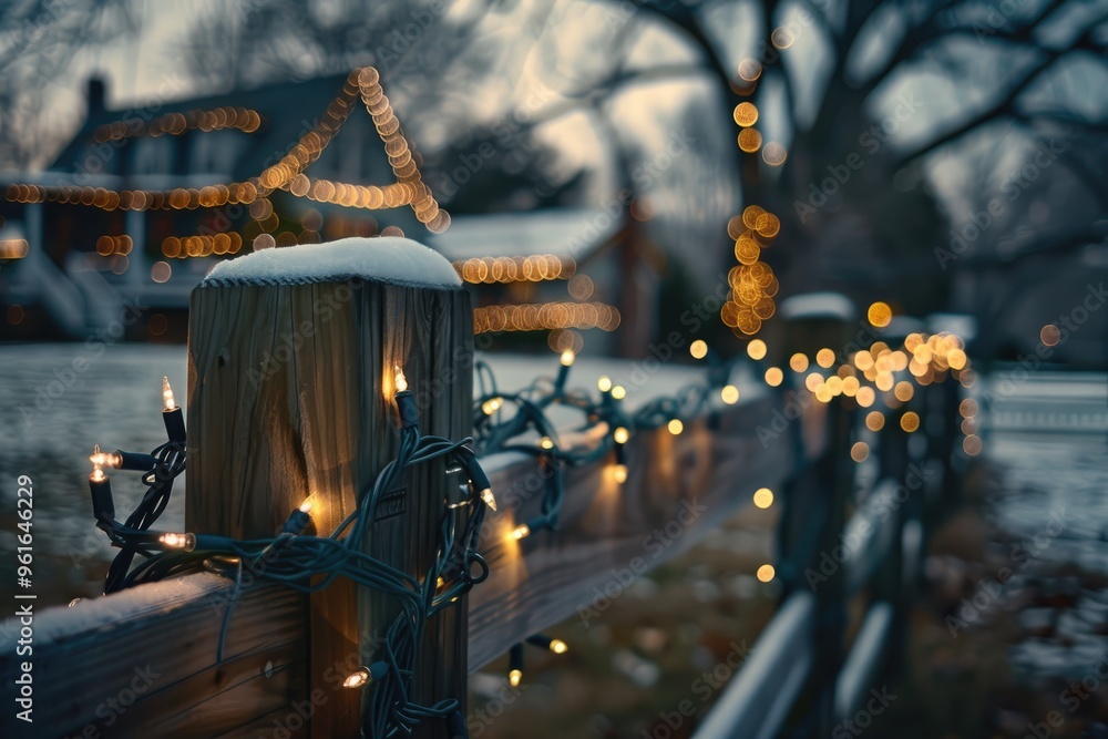 A wooden fence decorated with lights, with houses in the background. The photo was taken during daylight and is captured from an angle of about 45 degrees. A wooden fence decorated with lights, with houses in the background. The photo was taken during daylight and is captured from an angle of about 45 degrees.