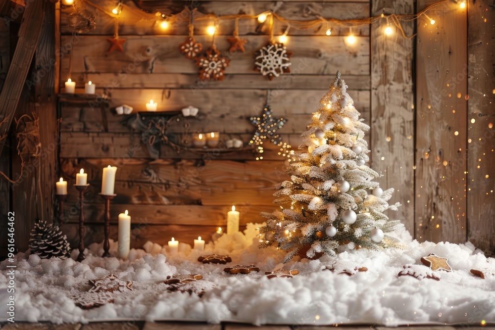 A wooden wall with decorations, a small white tree and gingerbread cookies on the snow in front of it, candles and garland lights around the edge A wooden wall with decorations, a small white tree and gingerbread cookies on the snow in front of it, candles and garland lights around the edge