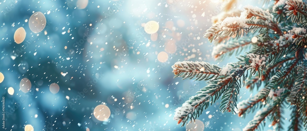 A background with beautiful snow covered fir tree branches, snow falling, blurred background, bokeh, banner format A background with beautiful snow covered fir tree branches, snow falling, blurred background, bokeh, banner format