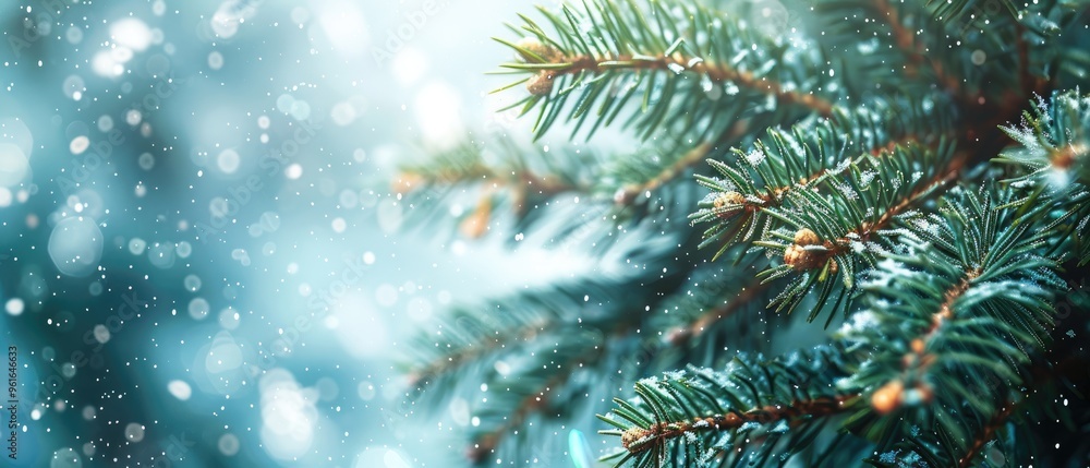 A background with beautiful snow covered fir tree branches, snow falling, blurred background, bokeh, banner format A background with beautiful snow covered fir tree branches, snow falling, blurred background, bokeh, banner format