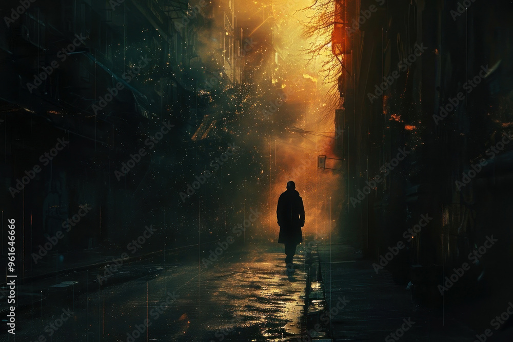A lone figure walks through a misty, futuristic cityscape, bathed in ethereal lights A lone figure walks through a misty, futuristic cityscape, bathed in ethereal lights