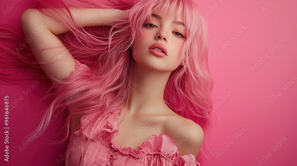 A beautiful young woman with flowing pink hair, delicate porcelain skin, posing gracefully against a vibrant pink backdrop, wearing a stylish pink dress with a ruffled bodice, soft and alluring A beautiful young woman with flowing pink hair, delicate porcelain skin, posing gracefully against a vibrant pink backdrop, wearing a stylish pink dress with a ruffled bodice, soft and alluring