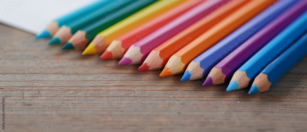 A row of colored pencils atop a wooden table Nearby, a sheet of paper holds a pen with its tip projecting out A row of colored pencils atop a wooden table Nearby, a sheet of paper holds a pen with its tip projecting out