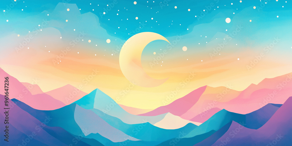 Minimal beautiful illustration of a crescent moon in a mountain Minimal beautiful illustration of a crescent moon in a mountain