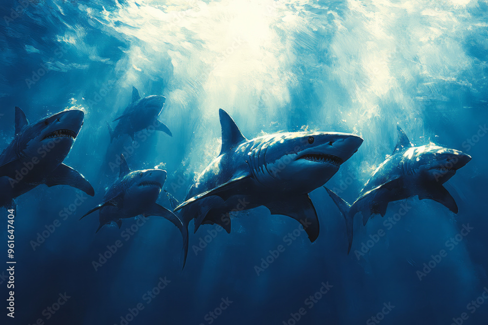 Fototapeta premium Stylized, abstract sharks with glowing accents in gray and blue,