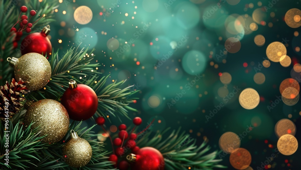 A background with dark green, red and gold colors, decorated with balls, decorations and pine branches. A background with dark green, red and gold colors, decorated with balls, decorations and pine branches.