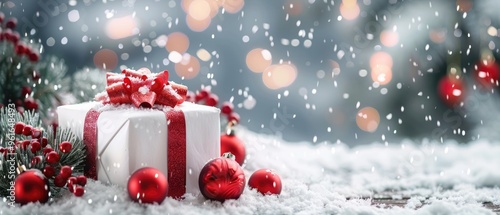 A with white gift box with red decoration and snow on grey background. Snow falling concept.