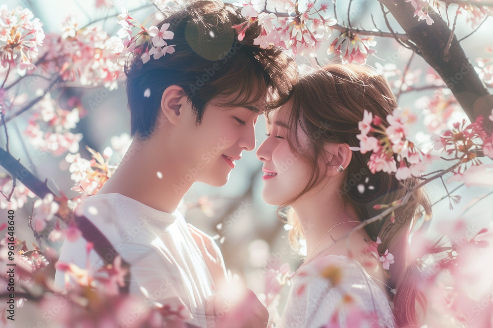 Asian guy and girl look at each other lovingly while standing by a cherry blossom tree Asian guy and girl look at each other lovingly while standing by a cherry blossom tree