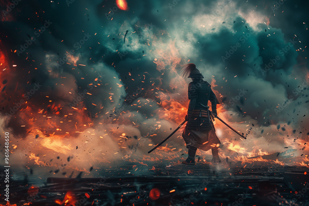 samurai on a background of smoke and fire samurai on a background of smoke and fire