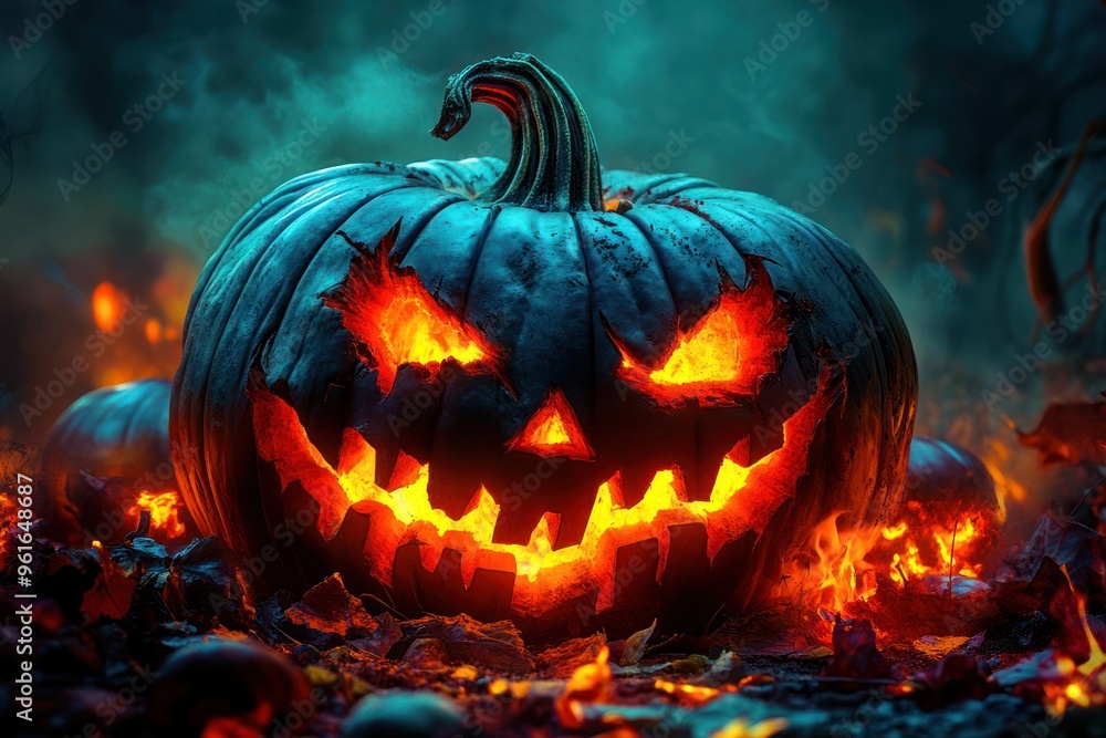 Naklejka premium One spooky jack-o'-lantern with glowing face and grin