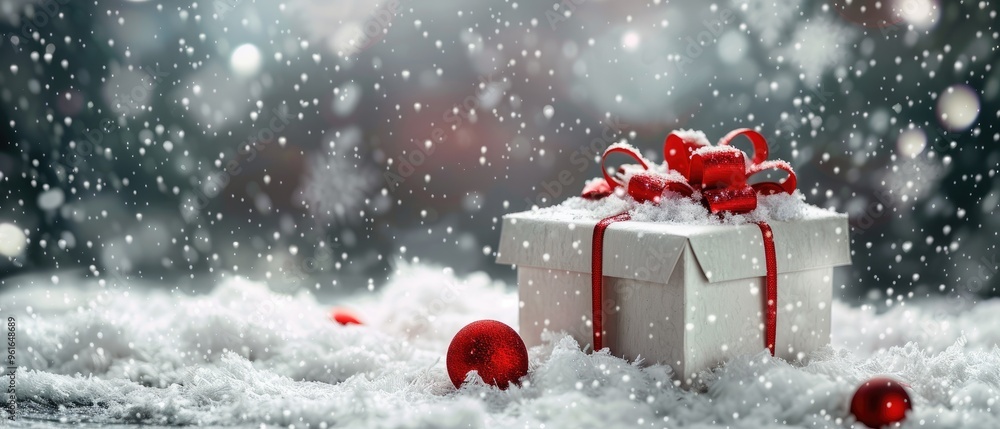 A with white gift box with red decoration and snow on grey background. Snow falling concept. A with white gift box with red decoration and snow on grey background. Snow falling concept.