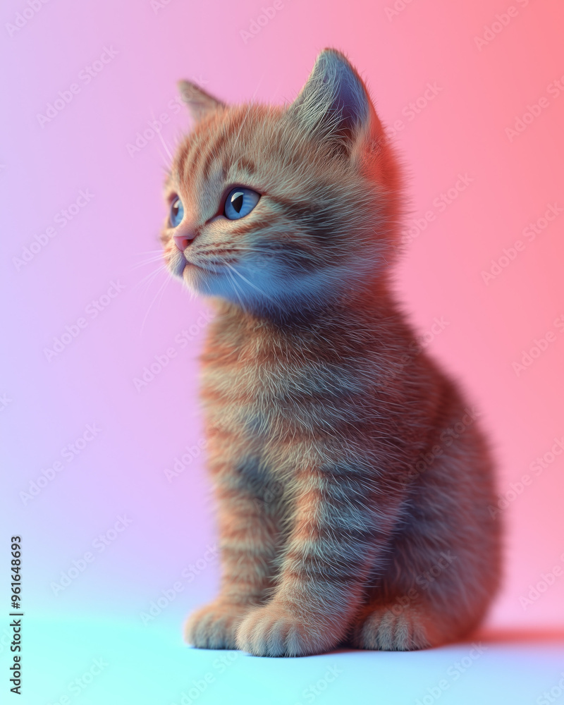 Obraz premium The cutest little fluffy kitten, tiny cat with adorable big blinking eyes in solid color background, surreal, 3D cartoon animation style for children animation movie film character development concept