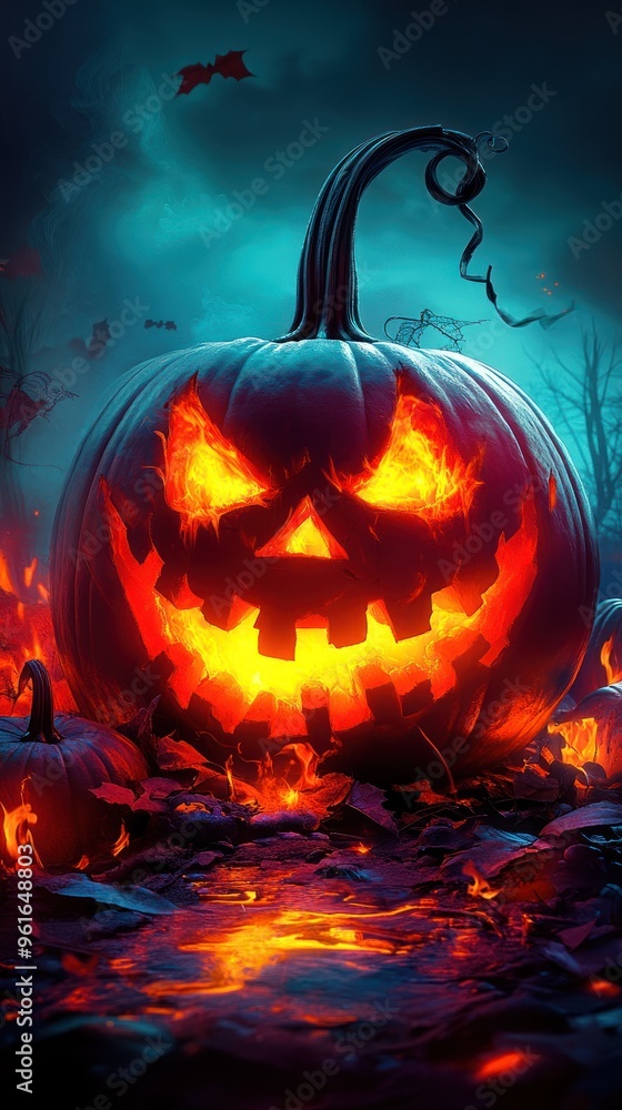 Giant jack-o'-lantern with a twisted stem in the dark Giant jack-o'-lantern with a twisted stem in the dark