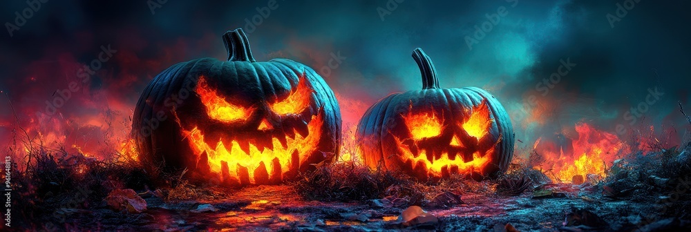 Fiery jack-o'-lanterns in an enchanting nightscape Fiery jack-o'-lanterns in an enchanting nightscape