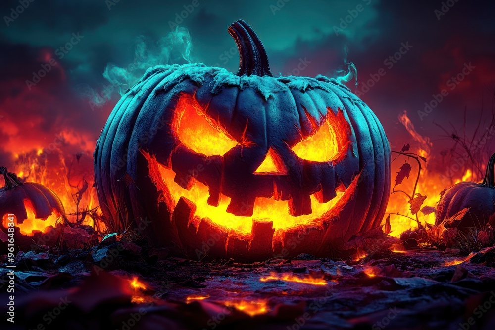 Spooky pumpkin with sinister face in fiery Halloween night Spooky pumpkin with sinister face in fiery Halloween night