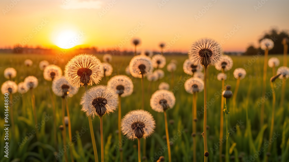 Dandelion flowers bloom in a meadow with an evening sky in the background. AI generated Dandelion flowers bloom in a meadow with an evening sky in the background. AI generated