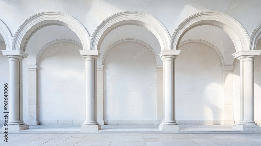 Elegant architectural design featuring a series of classic white columns and arches set against a smooth, light backdrop. Perfect symmetry and balance. Elegant architectural design featuring a series of classic white columns and arches set against a smooth, light backdrop. Perfect symmetry and balance.