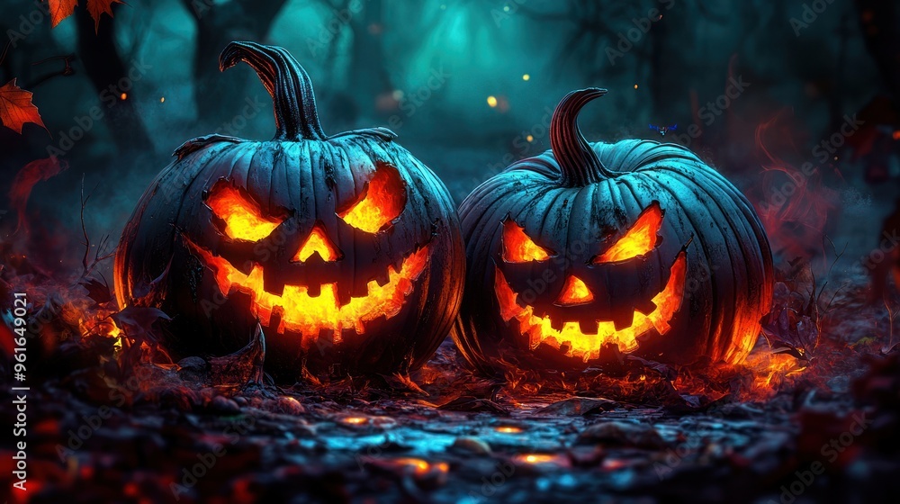 Smiling jack-o'-lanterns in dark, mystical forest Smiling jack-o'-lanterns in dark, mystical forest