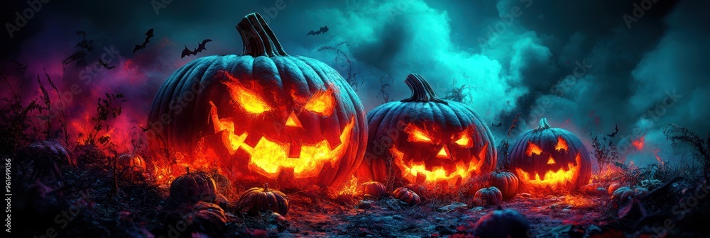 Glowing jack-o'-lanterns in eerie Halloween fog Glowing jack-o'-lanterns in eerie Halloween fog
