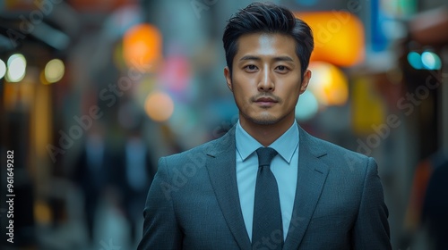 A well-dressed man walks confidently through a vibrant urban alley filled with colorful lights during the evening hours