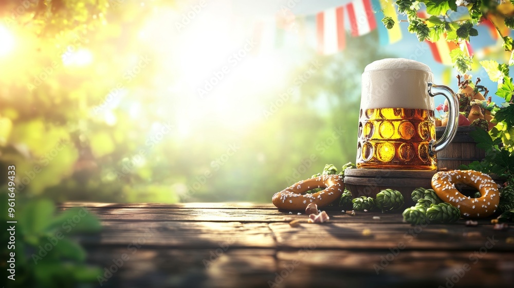 A lively Oktoberfest background with a man in lederhosen, standing near a wooden table, holding a large beer stein. The scene is adorned with Bavarian flags, pretzels, and hops. The top right corner